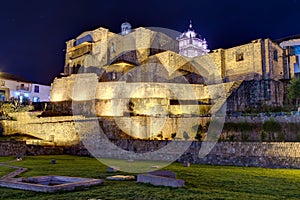 Qurikancha or Coricancha or Inti Kancha or Inti Wasi or Kiswar Kancha or Inca Wiracocha temple and palace in Cusco, Peru by night photo