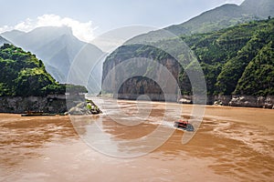 Qutang gorge scenic view the first of the three gorges with Yangtze river view and boat from Baidicheng village in China