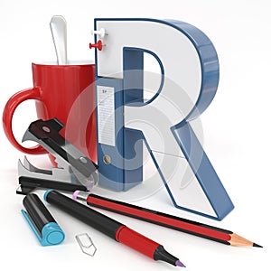 `R` 3d letter with office stuff