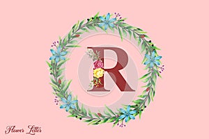 R floral alphabet with watercolor flowers and leaf, Letter with plants and flowers. Floral botanical alphabet, Monogram initials