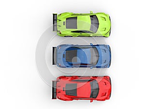 R G B modern super sports concept cars - top down view