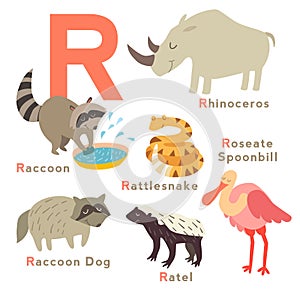 R letter animals set. English alphabet. Vector illustration