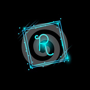 R  letter glowing logo design in a rectangle banner