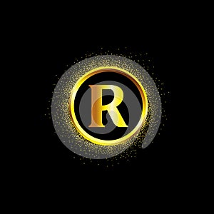R letter golden icon in middle of golden sparking ring. R logo sign with empty center. Golden sparkling ring with dust glitter