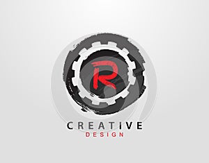 R Letter Logo With Gear and Circle Grunge Element. Retro Gear logo design template