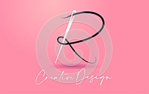 R Letter Logo with Needle and Thread Creative Design Concept Vector