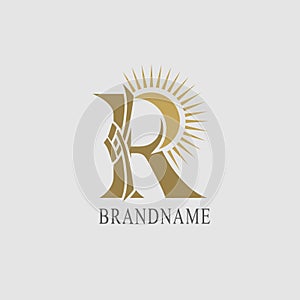 R Letter with Sun. Creative Stylish Logo. Modern Design. Elegant Trendy Template. Abstract Brand Symbol. Emblem with Inscription f