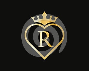 R Logo With Crown and Love Shape. Heart Letter R Logo Design, Gold, Beauty, Fashion, Cosmetics Business, Spa, Salons, And Yoga