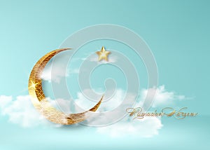 Ramadan Kareem 2021 banner, blue sky with white clouds background vector design illustration. Gold half moon and shiny golden star