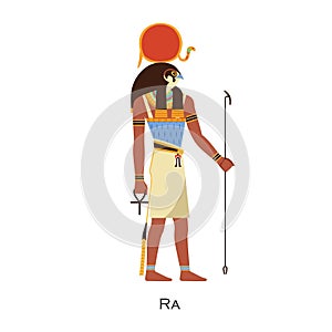 Ra god, Ancient Egyptian deity with solar disk and falcon head. Old history character figure with sun. Egypts mythology