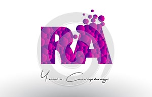 RA R Q Dots Letter Logo with Purple Bubbles Texture.