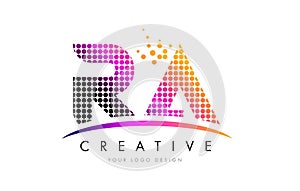 RA R Q Letter Logo Design with Magenta Dots and Swoosh