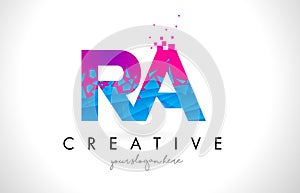 RA R Q Letter Logo with Shattered Broken Blue Pink Texture Design Vector.