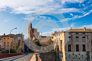 Rabastens and its iconic church, Notre-Dame-du-Bourg, seen from the bridge over the Tarn, in Tarn, Occitanie, France