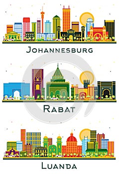 Rabat Morocco, Luanda Angola and Johannesburg South Africa city Skyline set with Color Buildings isolated on white