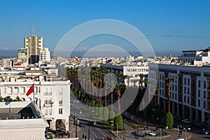 Top view of the Boulevard with beautiful palm trees and the houses of Rabat