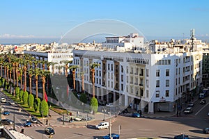 View from the hotel to the Boulevard with beautiful palm trees and the houses of Rabat with beautiful