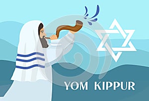 Rabbi with a tallit, Jew blowing a shofar on the horn of a ram on the day of Rosh Hashanah and Yom Kippur. Vector