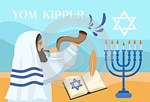 Rabbi with a tallit, Jew blowing a shofar on the horn of a ram on the day of Rosh Hashanah and Yom Kippur. Vector