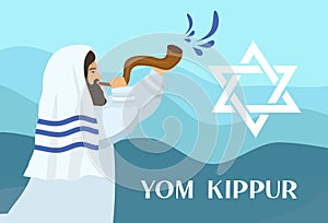 Rabbi with a tallit, Jew blowing a shofar on the horn of a ram on the day of Rosh Hashanah and Yom Kippur. Vector photo