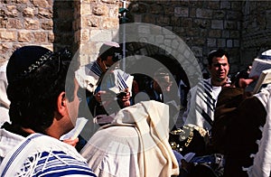 Rabbis in prayer in the wall of explanda lamentaci