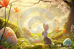 A rabbit amidst Easter eggs and flowers in a grassy field