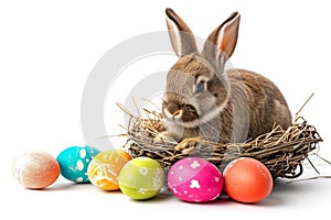 Rabbit amongst coloured eggs in basket, studio shot Curious, cute and funny Easter Bunny or Easter Rabbit peeking behind a pile of