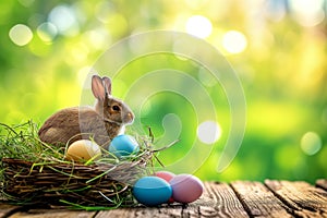 Rabbit amongst coloured eggs in basket, studio shot Curious, cute and funny Easter Bunny or Easter Rabbit peeking behind a pile of