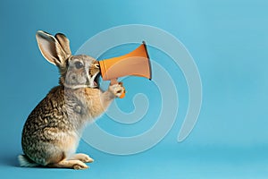 Rabbit announcing using megaphone. Notifying, warning, announcement photo