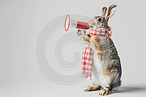 Rabbit announcing using megaphone. Notifying, warning, announcement photo