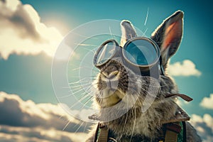 A rabbit in aviator gear goggles on ready for flight against a sky backdrop