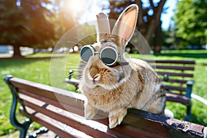 rabbit in aviators perched on a sunny park bench