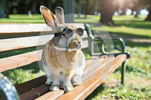 rabbit in aviators perched on a sunny park bench photo