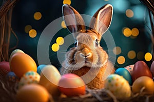 Rabbit in basket with easter eggs