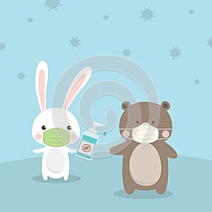 Rabbit and Bear Cartoon Character wearing  medical mask. Cleaning hands with hand sanitizer alcohol gel to protect against