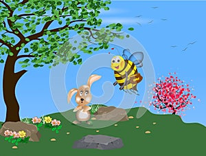 Rabbit and a bee with a pot of honey