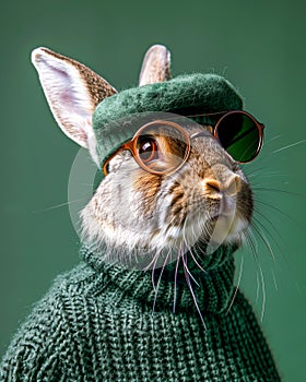 A rabbit with a beret and green wool sweater, wears sunglasses and has the appearance of a gaga intellectual