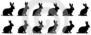 Rabbit black silhouettes. Set of Easter bunny icons isolated