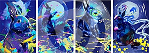 Rabbit on blue abstract background with colorful paint, splatter, shapes. Greeting cards, fabrics, wrappers, postcards, banners.