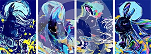 Rabbit on blue abstract background with colorful paint, splatter, shapes. Greeting cards, fabrics, wrappers, postcards, banners.