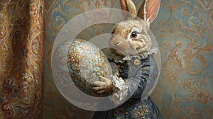 Rabbit in a Blue Coat Holding an Ornate Easter Egg