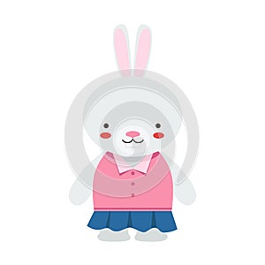 Rabbit In Blue Skirt And Pink Top Cute Toy Baby Animal Dressed As Little Girl