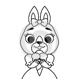 Rabbit with a bow on her head in a dress with ice cream. Outline print for coloring book and page. Cartoon animal character vector