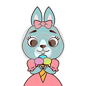 Rabbit with a bow on her head in a pink dress with ice cream. Print for greeting card, nursery decoration. Cartoon animal