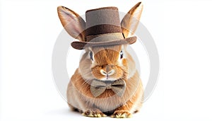 Rabbit With Bow Tie And Hat In White Background