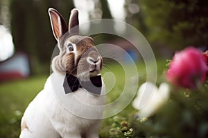 a rabbit in a bow tie at a wedding with flowers came to congratulate the bride and groom. A wedding ceremony