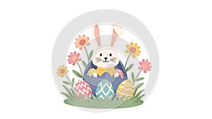 Rabbit in broken egg surrounded by flowers and easter eggs