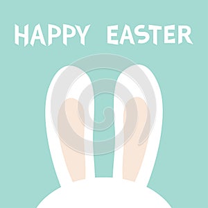 Rabbit bunny ears. Hidden head face. Happy Easter. Cute cartoon kawaii funny baby character. Farm animal. Blue pastel background.