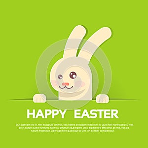 Rabbit Bunny Happy Easter Holiday Banner Greeting Card Green Background