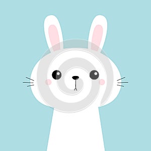 Rabbit bunny head face. Cute cartoon kawaii funny baby kids character. Happy Easter. Farm animal. Blue pastel background. Flat